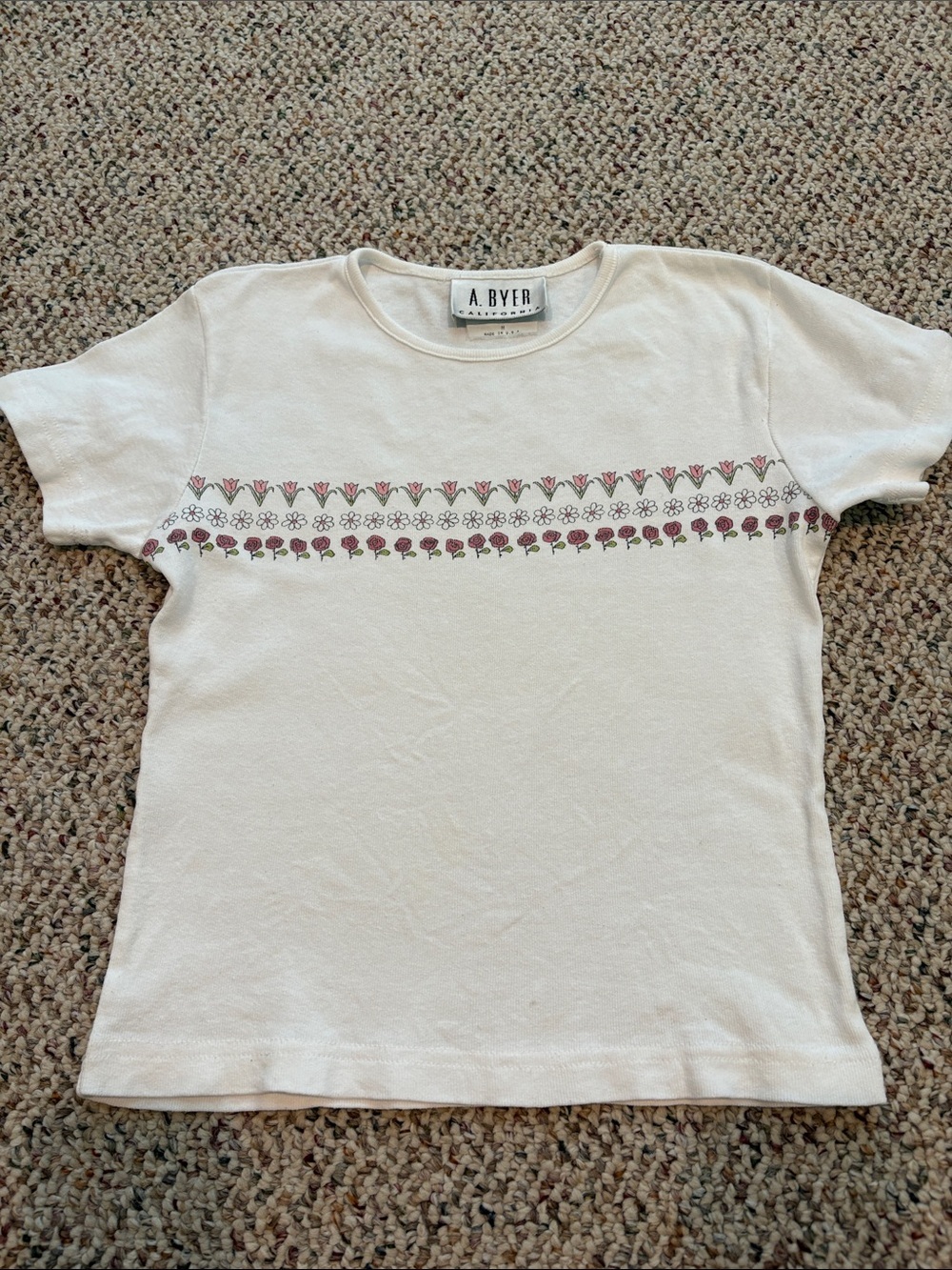 A. Byer Childs White Tee with Pink & Green Floral Border. Med
